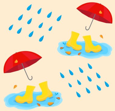 Kırmızı şemsiyeli sonbahar deseni tasarımı, yürüyen sarı lastik çizmeler, mavi su birikintisi ve yağmur damlası.