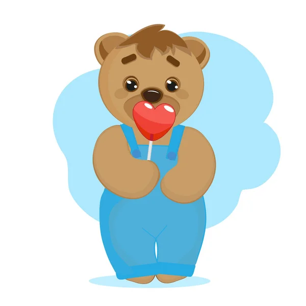 Cute Cartoon Character Teddy Bear Eating Heart Shaped Lollipop — стоковый вектор