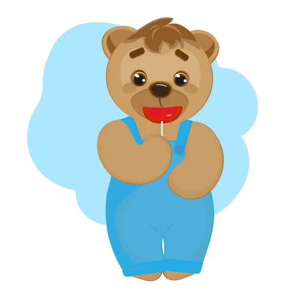 Leuke Stripfiguur Teddy Bear Met Lolly Zijn Mond — Stockvector