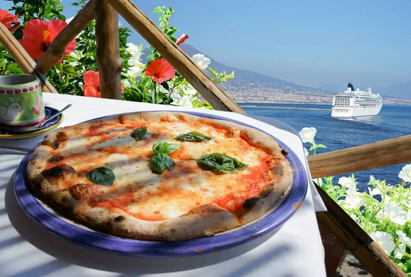 Pizza Margarita Served Flowery Terrace View Naples Port Italy — 图库照片