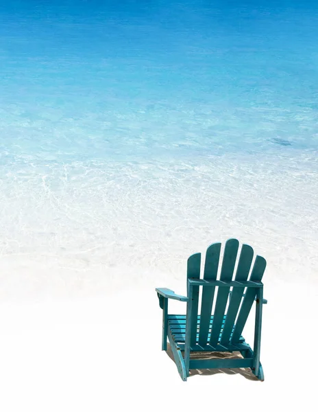 Single wooden chair on white sand beach. Solo travellng concept