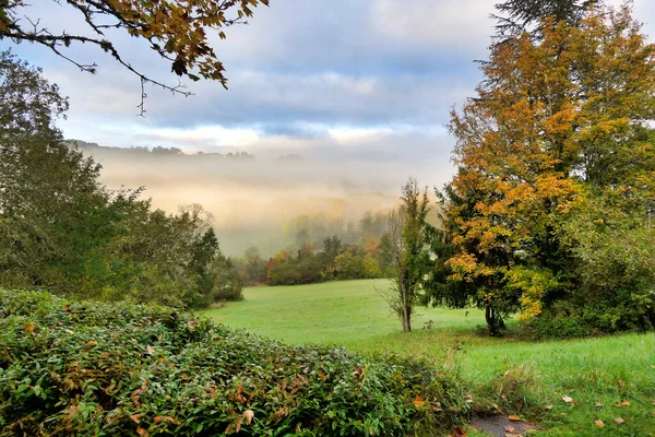 Sun Burning Early Morning Mist Autumn Dordogne France — Stock Photo, Image