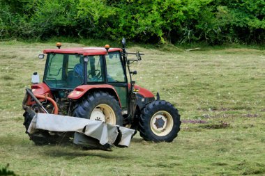 Kurutma ve balyalamadan önce bir tarlada çim biçen traktör