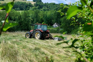 Kurutma ve balyalamadan önce bir tarlada çim biçen traktör