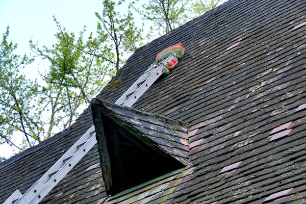 Leiter Auf Dach Bereit Kaputte Ziegel Ersetzen — Stockfoto