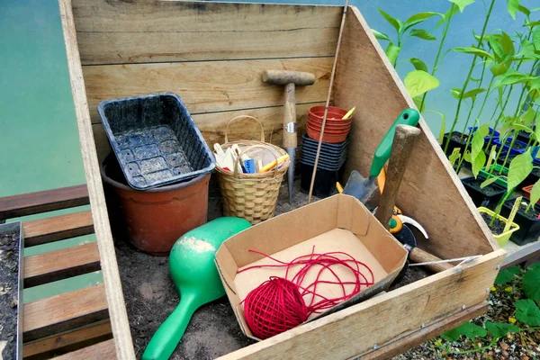 Home Made Wooden Potting Box Containing Items Used Gardening — Stockfoto