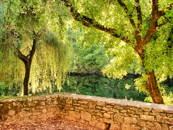 River Bank Scene Grounds Church Leon Sur Vezere Dordogne France — Stockfoto