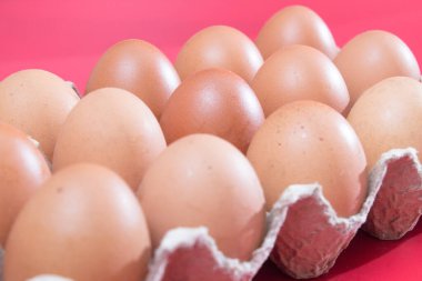 Kırmızı arkaplanda kahverengi yumurta tepsisi