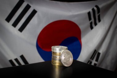 Güney Kore bayrağı üzerinde bitcoin yığını 