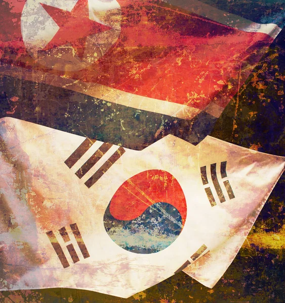 暗い背景に北朝鮮と韓国の旗を振る — ストック写真