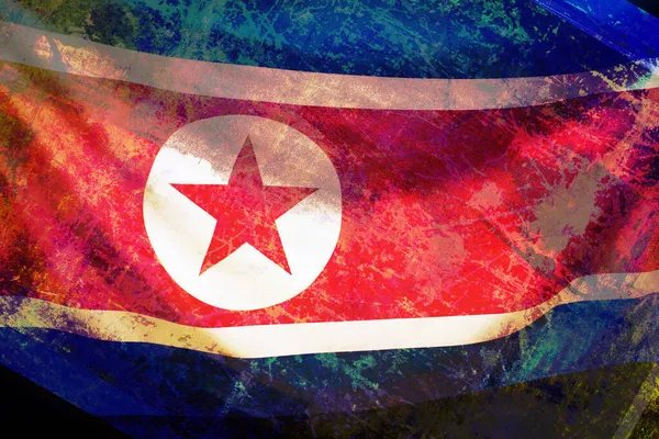 Waving flag of North Korea over dark background