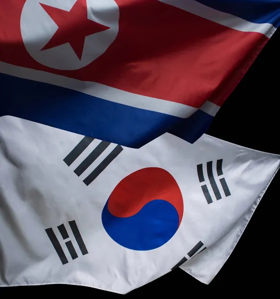 Waving Flags North Korea South Korea Dark Background — Stock Photo, Image