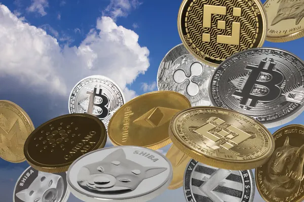 Vallende Cryptocurrencies Bitcoins Dogecoins Shiba Coins Binance Coins Andere Boven — Stockfoto