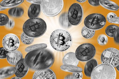 Sarı arkaplan üzerine düşen bitcoinler