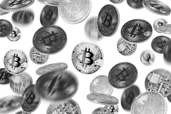Vallende Bitcoins Witte Achtergrond — Stockfoto