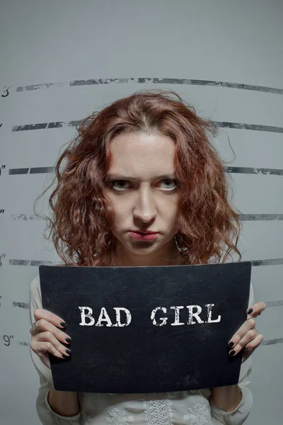 Pretty Cute Young Woman Taking Mugshot — Stock Photo, Image