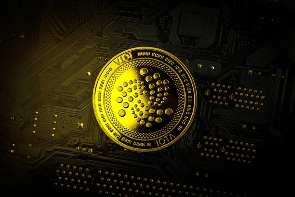 Крупним Планом Знімок Однієї Золотої Монети Iota Над Материнською Платою — стокове фото