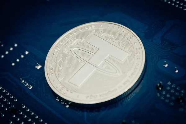 Closeup Shot Tether Coin Motherboard — Stock Photo, Image