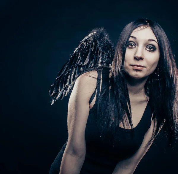 Pretty Girl Wings Posing Dark Background — Stock Photo, Image