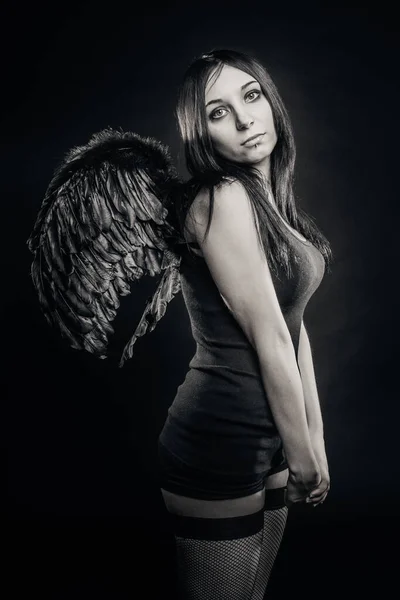 Pretty Girl Wings Posing Dark Background — Stock Photo, Image