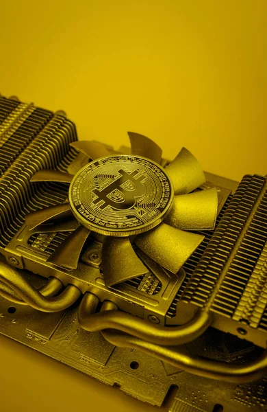 Bitcoin Sobre Tarjeta Gráfica Vídeo Pintado Oro —  Fotos de Stock