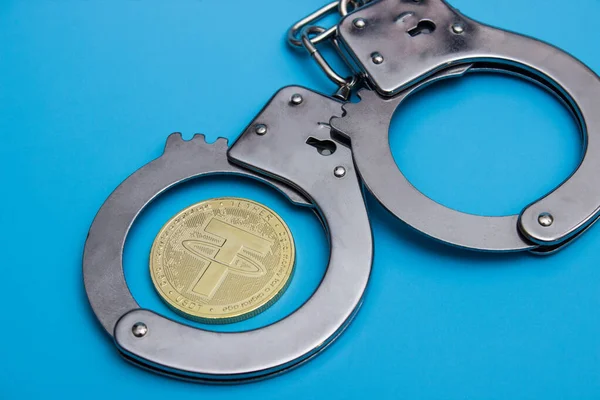 One Tether Coin Handcuffs Blue Background — Stock Photo, Image