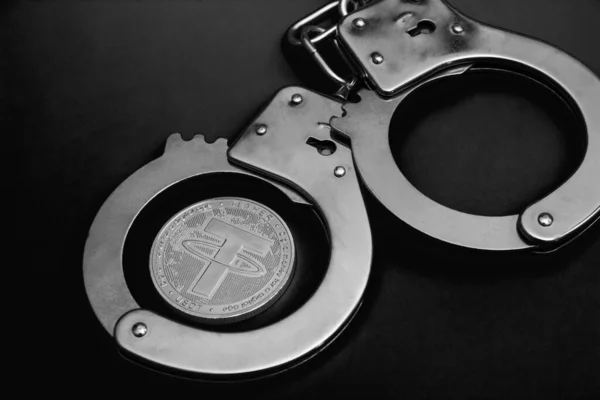 One Tether Coin Handcuffs Grayscale Image — Stock Photo, Image