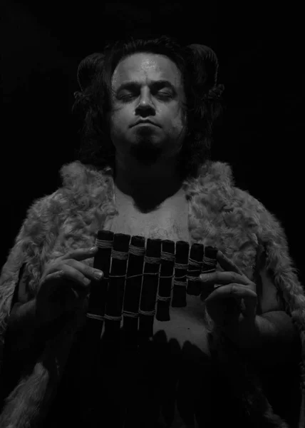 Horned Faun Panflute Posing Dark Background — Stock Photo, Image