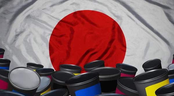 Montón Latas Pintura Sobre Bandera Japonesa — Foto de Stock