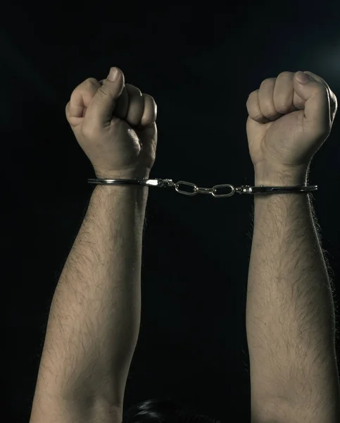 Male Hands Handcuffs Dark Background — Stock Photo, Image