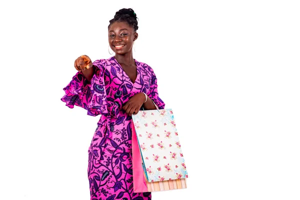 Beautiful Young Businesswoman Wearing Traditional Loincloth Holding Shopping Bags Pointing — Stock Photo, Image