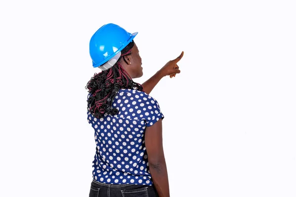 Вид Ззаду Молодого Інженера Будівельника Який Вказує Палець Порожній Простір — стокове фото
