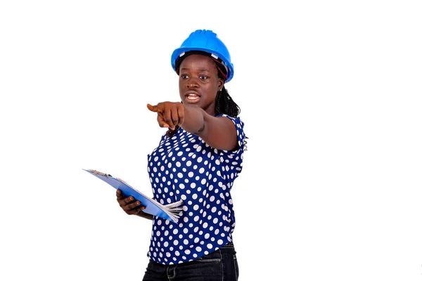Beautiful Young Female Construction Engineer Holding Clipboard Pointing Finger Forward — Stock Photo, Image