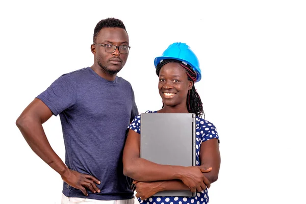 Young Man Standing Female Engineer Wearing Blue Safety Helmet Laptop — Stock Photo, Image