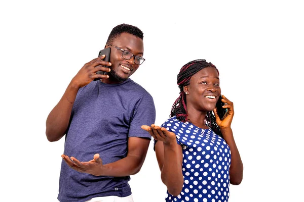 Portrait Young Couple Each Talking Mobile Phone While Smiling — Stock Photo, Image