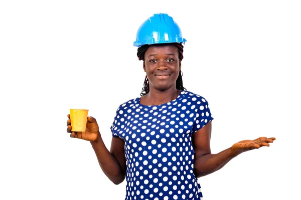 Jonge Vrouwelijke Constructie Ingenieur Het Dragen Van Een Blauwe Harde — Stockfoto
