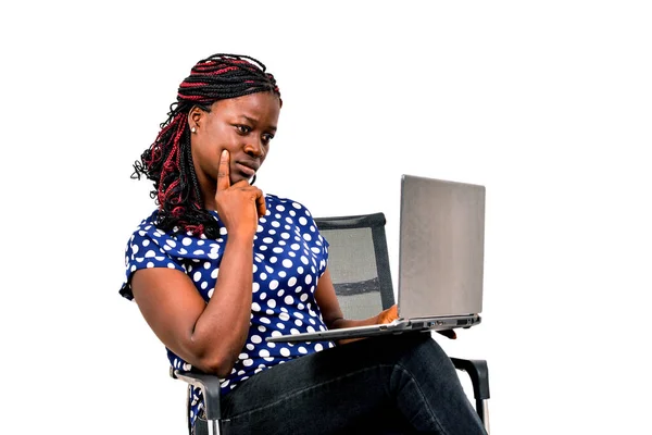 Beautiful Businesswoman Braids Sitting Chair Home Working Using Laptop — Stock Photo, Image