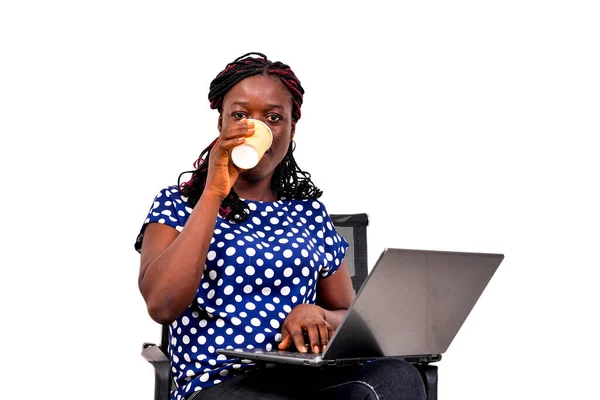 Beautiful Businesswoman Braids Sitting Chair Home Working Using Laptop While — Stock Photo, Image