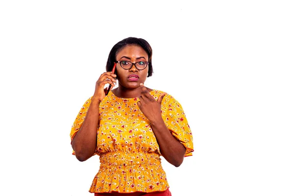 Beautiful Businesswoman Glasses Standing White Background Communicating Cellphone — Stock Photo, Image