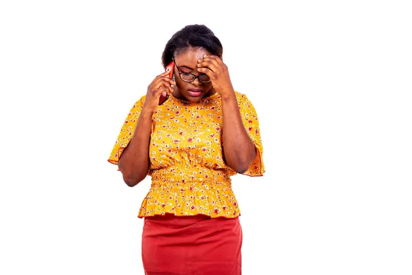 Beautiful Businesswoman Eyeglasses Standing White Background Communicating Cellphone While Thinking — Stock Photo, Image