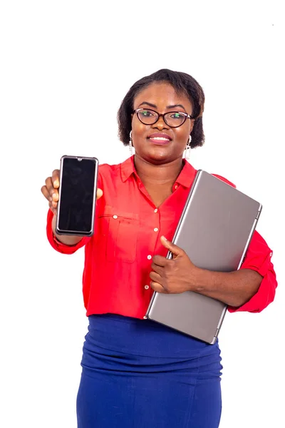 Portrait Beautiful Adult Business Woman Holding Laptop Showing Mobile Phone — Stock Photo, Image