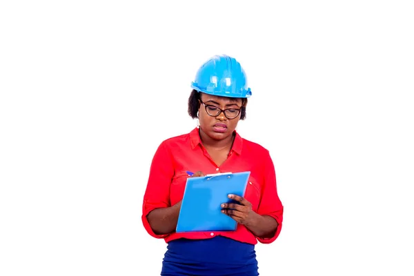 Портрет Красивої Жінки Інженера Синьому Шоломі Безпеки Написання Буфера — стокове фото