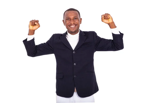 Красивий Щасливий Дорослий Бізнесмен Піднімає Кулаки Святкує Свій Успіх — стокове фото