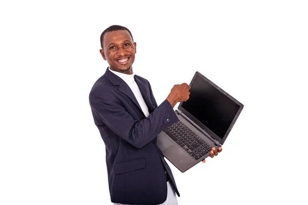 Happy Adult Businessman Holding Pointing His Finger Laptop Screen Smiling — Stock Photo, Image