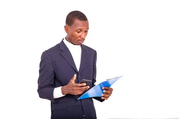 Guapo Hombre Negocios Con Chaqueta Pie Sobre Fondo Blanco Mirando —  Fotos de Stock