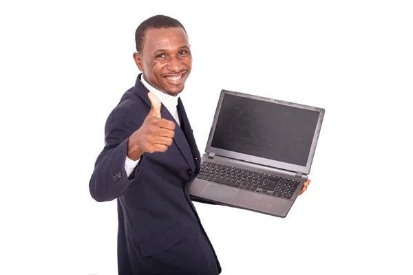 Счастливый Взрослый Бизнесмен Держит Ноутбук Показывает Большой Палец Вверх Улыбаясь — стоковое фото