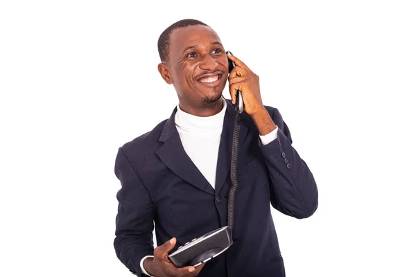 Pohledný Šťastný Dospělý Podnikatel Mluví Mobilní Telefon Úsměvem — Stock fotografie