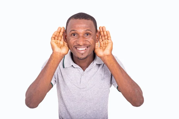 Junger Mann Grauen Shirt Der Auf Weißem Hintergrund Steht Die — Stockfoto