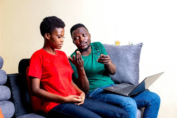 Young Couple Love Sitting Together Sofa Home While Holding Optical — Stock Photo, Image