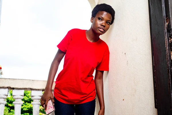 Beautiful Young Girl Wearing Red Shirt Standing Balcony House Spy — Stock Photo, Image